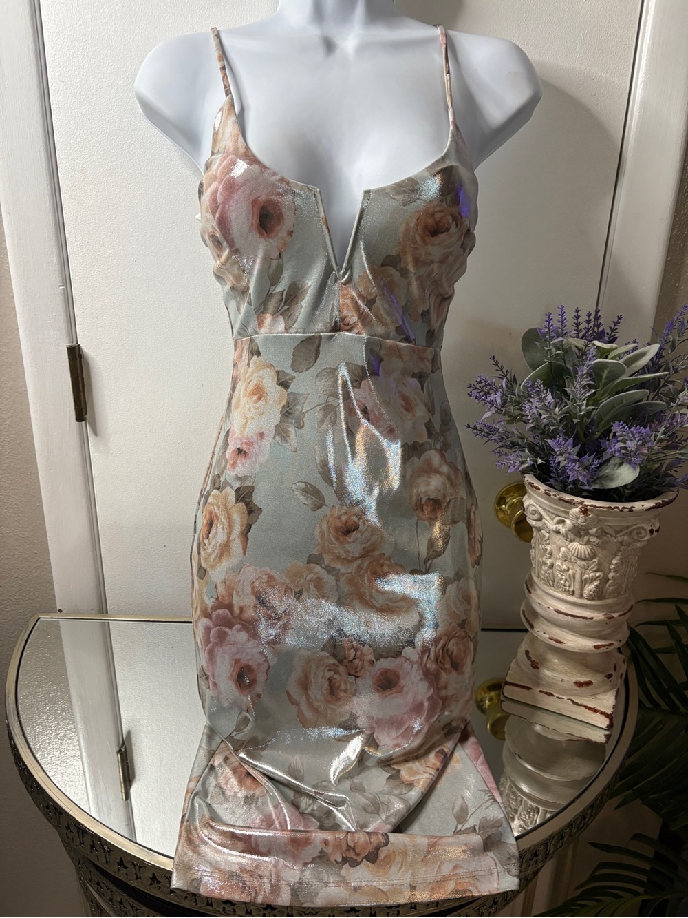 Guess Floral Satin Midi Dress in Pastel Blue and Blush